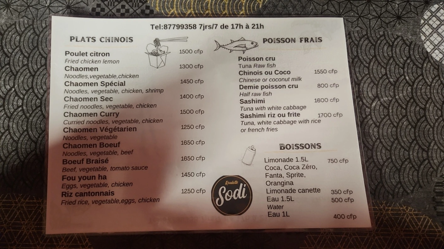 Carte Roulotte Sodi : plats chinois, chao men et poisson frais avec les prix